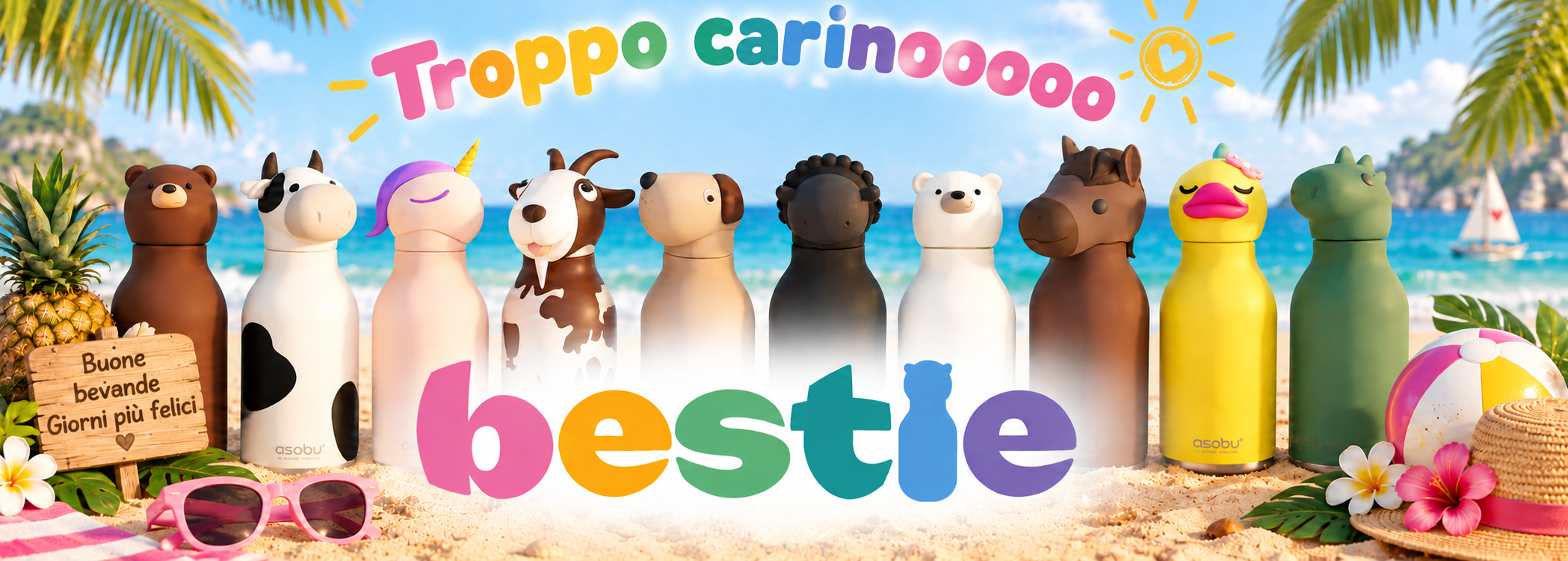 Benvenuti nell'universo Bestie  Benvenuti in un mondo pieno di fantasia, colori e funzionalità. Le borracce per bambini ASOBU Bestie sono molto più che semplici borracce: sono fedeli compagne di tutti i giorni, piccole amiche e veri e propri oggetti preferiti dai bambini. Ogni Bestie affascina con un personaggio animale disegnato con amore e rende il bere facile e naturale, come un gioco.