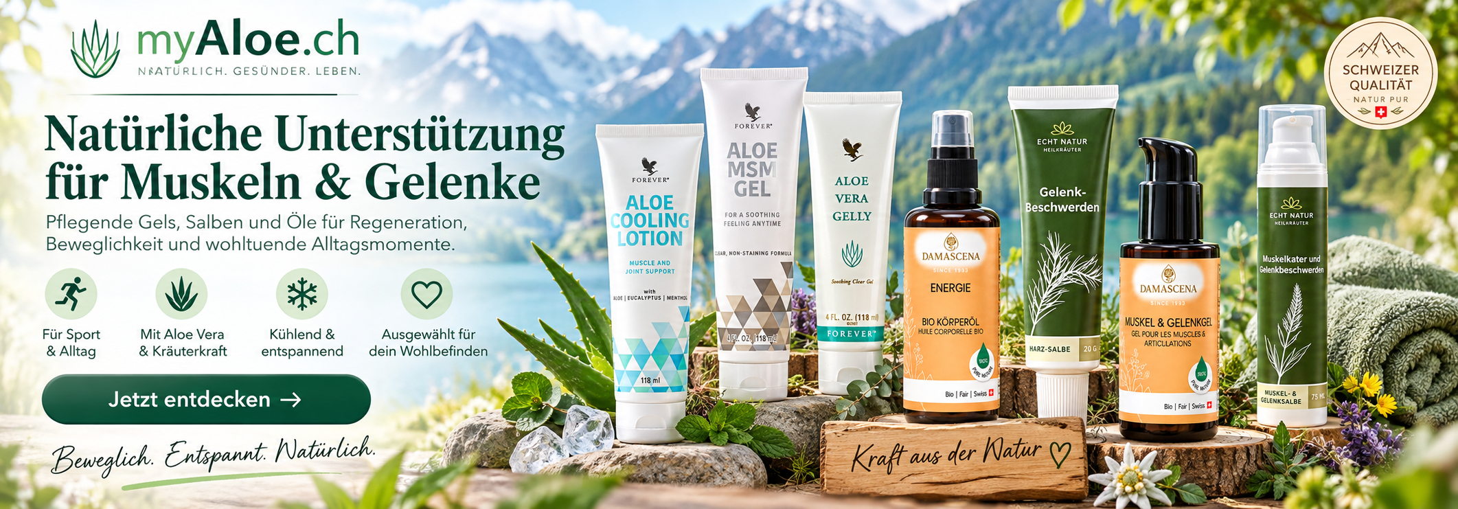 Ob nach Sport, Wandern, Gartenarbeit oder einem langen Tag: Die ausgewählten Muskel- und Gelenkpflegeprodukte von myAloe.ch kühlen, entspannen, pflegen und begleiten die Regeneration beanspruchter Körperpartien. Von kühlenden Gelen bis zu wohltuenden Kräuterbalsamen und Massageölen findest du die passende Pflege für deinen aktiven Alltag.