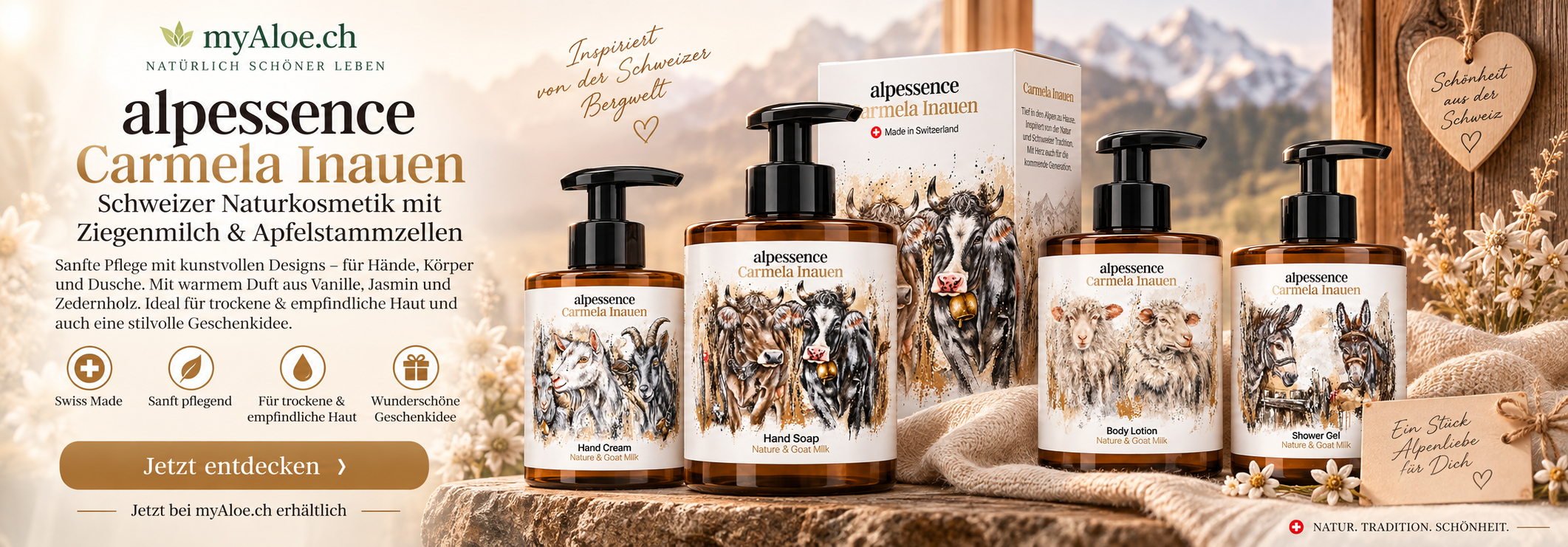 Alpessence vereint die Essenz der Alpen in einer einzigartigen Kosmetiklinie. Unsere Produkte verbinden künstlerische Tradition, modern interpretiert von Carmela Inauen, mit innovativer Kosmetikherstellung und natürlichen, bewährten Inhaltsstoffen.  Die Symbiose aus Kultur und Natur schafft Produkte, die den Wert unserer Alpen verkörpern und die Schönheit sowie Bedeutung des alpinen Lebens hervorheben.