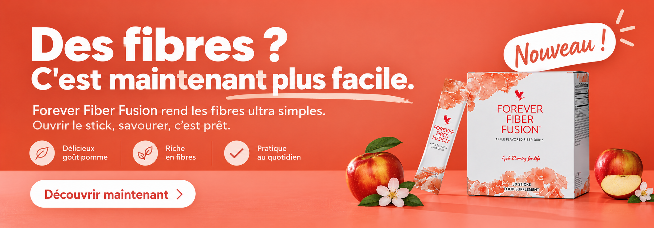 ✨ Avantages et utilisation Une alimentation riche en fibres semble simple – mais dans le tourbillon du quotidien, c’est souvent une autre histoire. Les produits à base de céréales complètes, les légumineuses, les légumes ou d’autres aliments riches en fibres ne figurent pas toujours en quantité suffisante au menu.  De plus, les poudres doivent souvent être dosées et mélangées, ce qui complique inutilement la routine quotidienne, que ce soit en déplacement ou au bureau.  Forever Fiber Fusion simplifie les choses : une portion est déjà dosée et conditionnée dans un stick de gelée pratique.  ✔️ 8 g de fibres par portion journalière issues de plusieurs sources de fibres sélectionnées ✔️ Prêt à consommer – pas besoin d’eau, de cuillère doseuse ni de préparation ✔️ Saveur fruitée de pomme et texture de gelée agréablement onctueuse ✔️ Enrichi en zinc et en concentré de gel d’aloe vera issu de la partie interne de la feuille  Le résultat : une routine riche en fibres facile à intégrer dans votre quotidien, sans effort supplémentaire