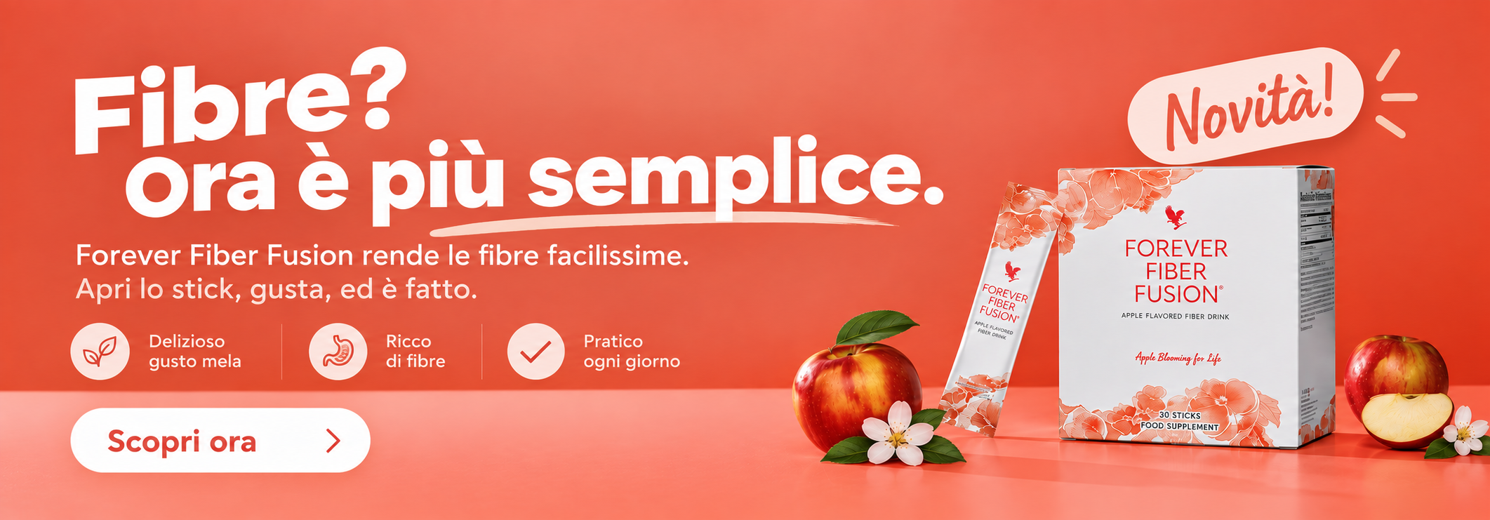 ✨ Vantaggi e utilizzo Seguire una dieta ricca di fibre sembra semplice, ma nella frenesia della vita quotidiana spesso le cose vanno diversamente. Non sempre i prodotti integrali, i legumi, le verdure o altri alimenti ricchi di fibre sono presenti in quantità sufficiente nella dieta.  Inoltre, le polveri devono spesso essere dosate e mescolate. Ciò rende la routine quotidiana, quando si è in viaggio o in ufficio, inutilmente complicata.  Forever Fiber Fusion semplifica le cose: una porzione è già pronta e dosata in un pratico stick di gelatina.  ✔️ 8 g di fibre per porzione giornaliera provenienti da diverse fonti selezionate ✔️ Pronta da consumare – non servono acqua, misurino né miscelazione ✔️ Gusto fruttato di mela e consistenza morbida e piacevole ✔️ Con zinco e concentrato di gel di aloe vera ricavato dalla parte interna della foglia  Il risultato: una routine a base di fibre che si integra facilmente nella giornata e non richiede alcuno sforzo aggiuntivo