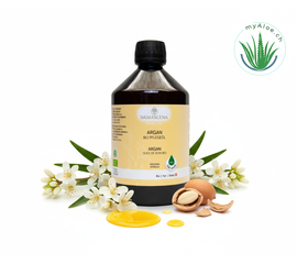 MyAloe.ch Arganöl BIO: Reich an Vitamin E, Antioxidantien und essentiellen Fettsäuren, schützt es die Haut vor Feuchtigkeitsverlust und vorzeitiger Alterung, während es gleichzeitig die Zellerneuerung unterstützt.
