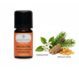 Ätherisches Öl von myAloe.ch: Drei Edelsteine Essenzmischung (enthält: Angelikawurzel  , Fichtennadel  , Neroli , Weihrauch  )