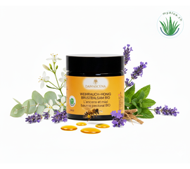 MyAloe.ch Weihrauch-Honig Brustbalsam BIO: Mit wertvollem Aprikosenkernöl, Jojobaöl, Johanniskrautöl, Schwarzkümmelöl, Honigwaben und 100% naturreinen Bio-Ölen (Weihrauch, Eukalyptus, Nanaminze, Jatamansi, Lavendel und Narde) verwöhnt er Haut, Atemwege und Sinne gleichermassen.