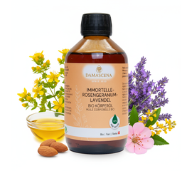 MyAloe.ch Immortelle-Rosengeranium-Lavendel Körperöl BIO: Spüre die heilende Kraft der Natur – mit jedem Tropfen. Wird seit Jahrhunderten genutzt bei Hautverletzungen, Hämatomen, Prellungen und zur Narbenpflege.