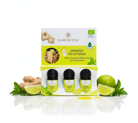 Set d'arômes pour boissons - fraîcheur. Du piquant. Clarté - goutte à goutte.
myaloe.ch
Gingembre - Lime - Nanamine - Huiles aromatiques BIO 100% naturelles
Le kit d'arômes pour boissons de myaloe.ch est votre ingrédient secret naturel pour des boissons rafraîchissantes, vivifiantes et au goût raffiné - sans sucre, arômes artificiels ou ingrédients frais qui se gâtent.

Trois huiles aromatiques bio parfaitement assorties sont réunies dans ce coffret:

Gingembre BIO - légèrement piquant, réchauffant et activant

Citron vert BIO - pétillant, fruité et frais comme un fruit exotique

Nanamine BIO - rafraîchissante, claire et douce-rafraîchissante

Que ce soit de l'eau, du thé, des mocktails, des cocktails, des smoothies ou des boissons chaudes, 1 à 2 gouttes suffisent pour donner à tes boissons profondeur, fraîcheur et un profil aromatique professionnel. Idéal pour les gourmets conscients, les hôtes créatifs et tous ceux qui souhaitent associer le naturel et le goût.
