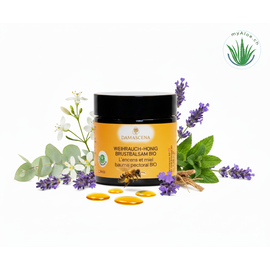 MyAloe.ch Weihrauch-Honig Brustbalsam BIO: Mit wertvollem Aprikosenkernöl, Jojobaöl, Johanniskrautöl, Schwarzkümmelöl, Honigwaben und 100% naturreinen Bio-Ölen (Weihrauch, Eukalyptus, Nanaminze, Jatamansi, Lavendel und Narde) verwöhnt er Haut, Atemwege und Sinne gleichermassen.