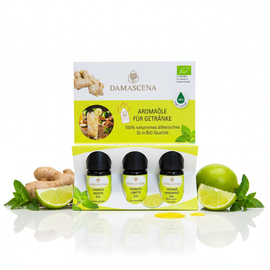 Set d'arômes pour boissons - fraîcheur. Du piquant. Clarté - goutte à goutte.
myaloe.ch
Gingembre - Lime - Nanamine - Huiles aromatiques BIO 100% naturelles
Le kit d'arômes pour boissons de myaloe.ch est votre ingrédient secret naturel pour des boissons rafraîchissantes, vivifiantes et au goût raffiné - sans sucre, arômes artificiels ou ingrédients frais qui se gâtent.

Trois huiles aromatiques bio parfaitement assorties sont réunies dans ce coffret:

Gingembre BIO - légèrement piquant, réchauffant et activant

Citron vert BIO - pétillant, fruité et frais comme un fruit exotique

Nanamine BIO - rafraîchissante, claire et douce-rafraîchissante

Que ce soit de l'eau, du thé, des mocktails, des cocktails, des smoothies ou des boissons chaudes, 1 à 2 gouttes suffisent pour donner à tes boissons profondeur, fraîcheur et un profil aromatique professionnel. Idéal pour les gourmets conscients, les hôtes créatifs et tous ceux qui souhaitent associer le naturel et le goût.