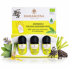 Un assortiment d'arômes pour une touche originale
myaloe.ch
Sauge · Poivre noir · Citronnelle – Huiles aromatiques 100 % naturelles et biologiques
Précision culinaire et caractère - Arômes intenses. Dosage goutte à goutte. Naturellement biologique.
Le set d'arômes « pour une touche originale » combine trois huiles aromatiques 100 % naturelles et biologiques au caractère affirmé, spécialement développées pour un usage culinaire La sauge, le poivre noir et la citronnelle permettent d'aromatiser les plats et les boissons de manière ciblée, propre et reproductible, sans avoir à les couper, les moudre ou les faire perdre leur fraîcheur.

Grâce à leur forte concentration, quelques gouttes suffisent pour donner de la profondeur, de la fraîcheur ou du piquant à vos plats. Idéal pour les cuisiniers amateurs ambitieux, les professionnels créatifs et tous ceux qui souhaitent utiliser les arômes de manière contrôlée et consciente



Qu'est-ce que le kit d'arômes « pour une touche d'originalité » ?
Un kit composé de trois huiles essentielles certifiées biologiques (sauge, poivre noir, citronnelle) pour aromatiser les plats et les boissons

À quoi sert le set d'arômes ?
Pour les plats savoureux, la cuisine raffinée, les boissons créatives, les desserts et toutes les recettes qui nécessitent un dosage précis et un goût intense

Comment utiliser les huiles aromatiques ?
Uniquement goutte à goutte et toujours avec parcimonie Idéalement, les huiles doivent être pré-diluées dans de la graisse, du sirop ou de l'alcool avant d'être incorporées au plat.