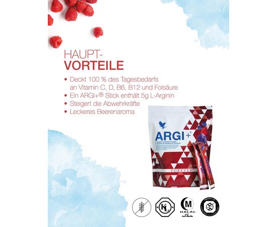 Praktische Sticks mit L-Arginin, Folsäure, Trauben- und Beerenextrakten sowie den Vitaminen C, K2, D3, B6, B12.ARGI+® füllt den Energie­speicher dank einer idealen Kombination von L-Arginin und einem ausgeklügelten Vitamin­komplex rasch wieder auf. ­Damit du schnell durchstarten kannst. Zur Verbesserung des Laktatwerts im­­ Leistungssport. Die praktischen Portionsbeutel sind perfekt für unterwegs. Einfach einstecken für das Fitnessstudio oder auf Reisen.