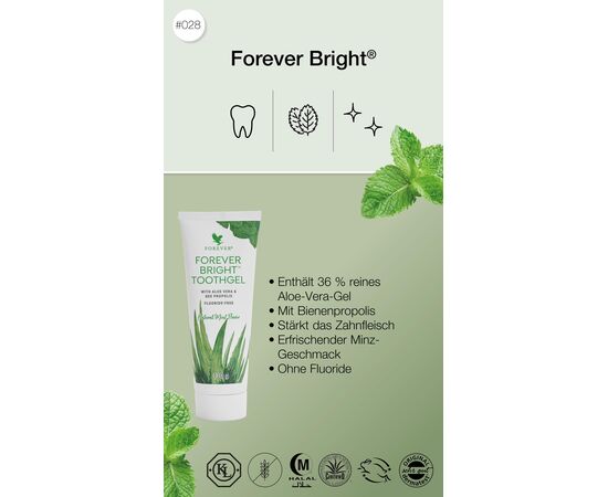 MyAloe.ch

Forever Bright - Zahngel

Die reinigende und pflegende Wirkung der Aloe Vera kommt auch bei der Zahnpflege zum Tragen. Mit den besten Ergebnissen: Der Zusatz von Bienenpropolis macht Forever Bright zu einem Zahnpflegemittel von höchster Güte. Es wirkt schonend bei empfindlichem Zahnfleisch. Das alles und nicht zuletzt sein erfrischender Geschmack werden auch Dich beim ersten Versuch überzeugen. Für ein strahlendes Lächeln und frischen Atem.


✔️ Forever Bright
Bei der Zahnpasta kommt es auf die richtige Pflege an: Forever Bright reinigt extrem schonend mit Aloe Vera, die Zahnpasta ist frei von Bleich- sowie Schleifmitteln und stärkt Dein Zahnfleisch. Die perfekte milde Zahnpasta mit Aloe Vera für Dich!


✨ 36% reines Aloe-Vera-Gel
✨ Mit Bienenpropolis
✨ Stärkt das Zahnfleisch
✨ Erfrischender Minz-Geschmack