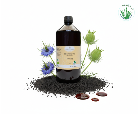 MyAloe.ch Schwarzkümmelöl BIO : Ideal für die Körperpflege bei gereizter und beanspruchter Haut, ist reich an wertvollen Vitaminen & ungesättigten Fettsäuren, spendet Feuchtigkeit & beruhigt Irritationen.