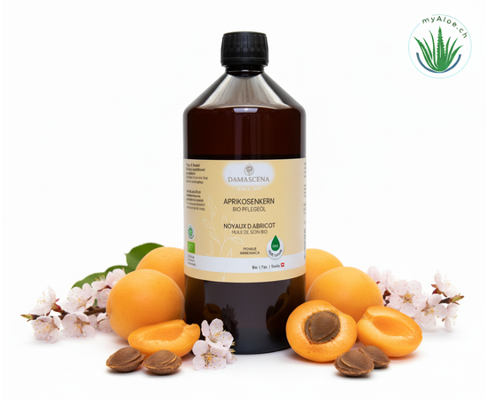 MyAloe.ch Aprikosenkernöl  BIO: Das goldgelbe, leicht nussig duftende Öl regeneriert, glättet und macht die Haut geschmeidig, ohne zu fetten.