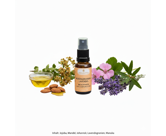 MyAloe.ch Rosengeranium-Lavendel Körperöl BIO: Der sanfte Duft von Rosengeranie und Lavendel wirkt stabilisierend, ausgleichend und beruhigend.  Er hilft, Stress loszulassen, fördert Gelassenheit und unterstützt in Phasen innerer Unruhe.
Lavendel entspannt Muskeln und lindert Krämpfe, Rosengeranie unterstützt die Hautregeneration und harmonisiert den Hormonhaushalt, während Manuka stärkend und hautschützend wirkt.