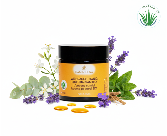 MyAloe.ch Weihrauch-Honig Brustbalsam BIO: Mit wertvollem Aprikosenkernöl, Jojobaöl, Johanniskrautöl, Schwarzkümmelöl, Honigwaben und 100% naturreinen Bio-Ölen (Weihrauch, Eukalyptus, Nanaminze, Jatamansi, Lavendel und Narde) verwöhnt er Haut, Atemwege und Sinne gleichermassen.