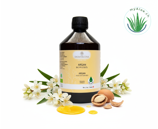 MyAloe.ch Arganöl BIO: Reich an Vitamin E, Antioxidantien und essentiellen Fettsäuren, schützt es die Haut vor Feuchtigkeitsverlust und vorzeitiger Alterung, während es gleichzeitig die Zellerneuerung unterstützt.