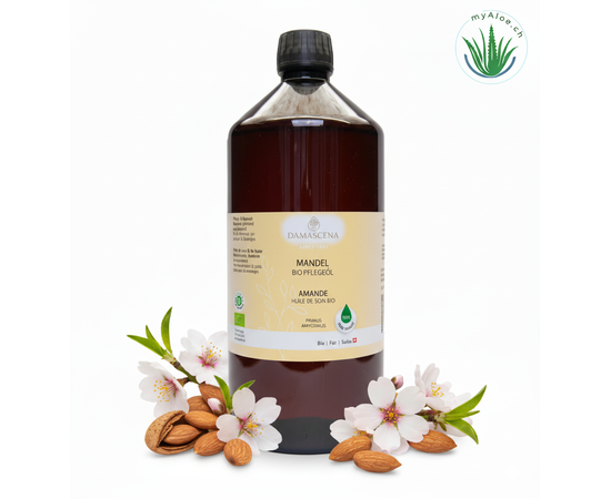 MyAloe.ch Mandelöl BIO: Es spendet intensiv Feuchtigkeit, schützt vor Umwelteinflüssen und ist besonders geeignet für empfindliche, trockene oder gereizte Haut – auch bei Babys.