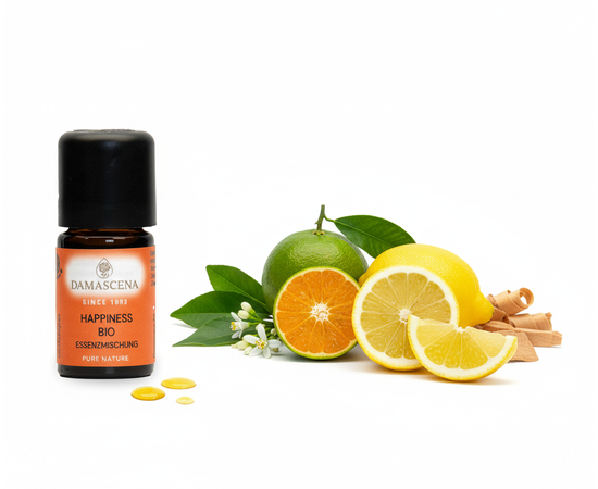 Ätherisches Öl von myAloe.ch: Happiness Essenzmischung (enthält: Mandarine, Patchouli, Zitrone, Zedernholz)