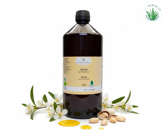 MyAloe.ch Arganöl BIO: Reich an Vitamin E, Antioxidantien und essentiellen Fettsäuren, schützt es die Haut vor Feuchtigkeitsverlust und vorzeitiger Alterung, während es gleichzeitig die Zellerneuerung unterstützt.