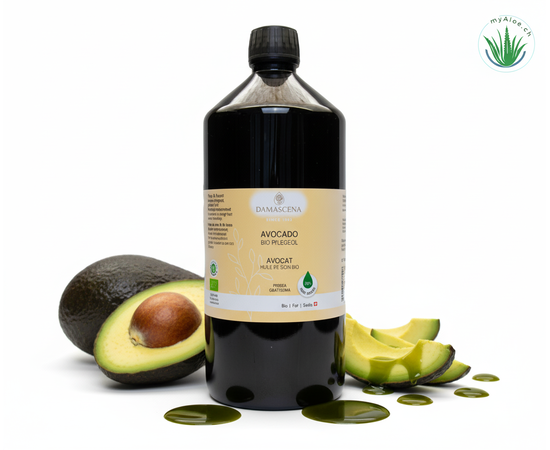 MyAloe.ch Avocadoöl BIO : Das reichhaltige Avocadoöl ist sehr vitaminreich,  intensiv pflegend - ideal für Gesicht, Körper,  Haarpflege, oder Massage - dringt tief in die Haut ein und schützt vor Feuchtigkeitsverlust