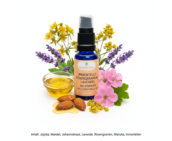 MyAloe.ch Immortelle-Rosengeranium-Lavendel Körperöl BIO: Spüre die heilende Kraft der Natur – mit jedem Tropfen. Wird seit Jahrhunderten genutzt bei Hautverletzungen, Hämatomen, Prellungen und zur Narbenpflege.