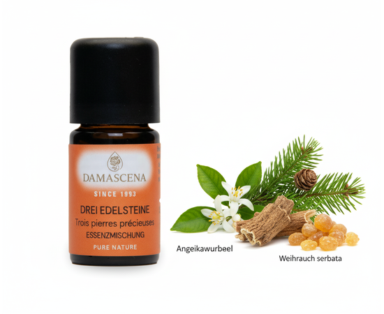 Ätherisches Öl von myAloe.ch: Drei Edelsteine Essenzmischung (enthält: Angelikawurzel  , Fichtennadel  , Neroli , Weihrauch  )