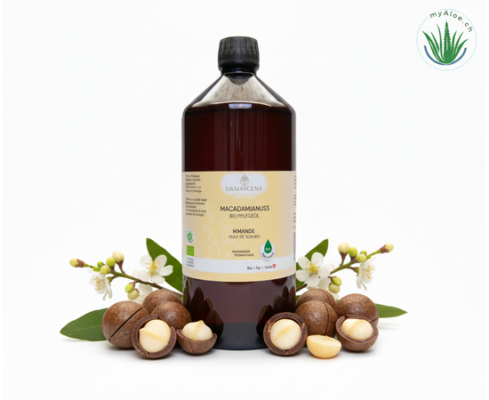 MyAloe.ch Macadamianussöl  BIO: Das goldgelbe, leicht nussig duftende Öl regeneriert, glättet und macht die Haut geschmeidig, ohne zu fetten.