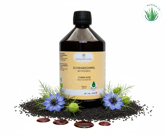 MyAloe.ch Schwarzkümmelöl BIO : Ideal für die Körperpflege bei gereizter und beanspruchter Haut, ist reich an wertvollen Vitaminen & ungesättigten Fettsäuren, spendet Feuchtigkeit & beruhigt Irritationen.