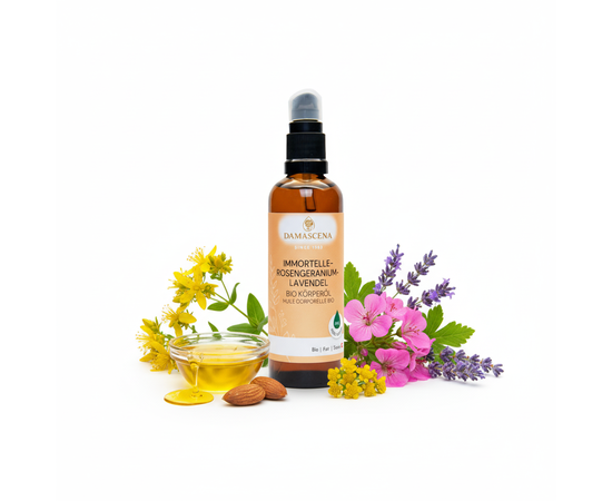 MyAloe.ch Immortelle-Rosengeranium-Lavendel Körperöl BIO: Spüre die heilende Kraft der Natur – mit jedem Tropfen. Wird seit Jahrhunderten genutzt bei Hautverletzungen, Hämatomen, Prellungen und zur Narbenpflege.