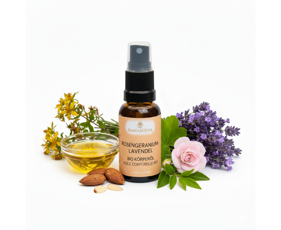 MyAloe.ch Rosengeranium-Lavendel Körperöl BIO: Der sanfte Duft von Rosengeranie und Lavendel wirkt stabilisierend, ausgleichend und beruhigend.  Er hilft, Stress loszulassen, fördert Gelassenheit und unterstützt in Phasen innerer Unruhe.
Lavendel entspannt Muskeln und lindert Krämpfe, Rosengeranie unterstützt die Hautregeneration und harmonisiert den Hormonhaushalt, während Manuka stärkend und hautschützend wirkt.