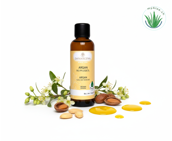MyAloe.ch Arganöl BIO: Reich an Vitamin E, Antioxidantien und essentiellen Fettsäuren, schützt es die Haut vor Feuchtigkeitsverlust und vorzeitiger Alterung, während es gleichzeitig die Zellerneuerung unterstützt.