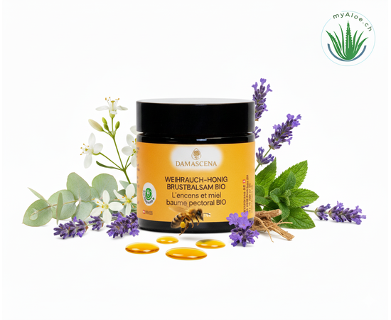 MyAloe.ch Weihrauch-Honig Brustbalsam BIO: Mit wertvollem Aprikosenkernöl, Jojobaöl, Johanniskrautöl, Schwarzkümmelöl, Honigwaben und 100% naturreinen Bio-Ölen (Weihrauch, Eukalyptus, Nanaminze, Jatamansi, Lavendel und Narde) verwöhnt er Haut, Atemwege und Sinne gleichermassen.