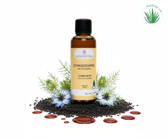 MyAloe.ch Schwarzkümmelöl BIO : Ideal für die Körperpflege bei gereizter und beanspruchter Haut, ist reich an wertvollen Vitaminen & ungesättigten Fettsäuren, spendet Feuchtigkeit & beruhigt Irritationen.