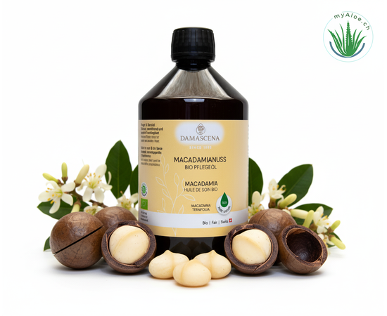 MyAloe.ch Macadamianussöl  BIO: Das goldgelbe, leicht nussig duftende Öl regeneriert, glättet und macht die Haut geschmeidig, ohne zu fetten.