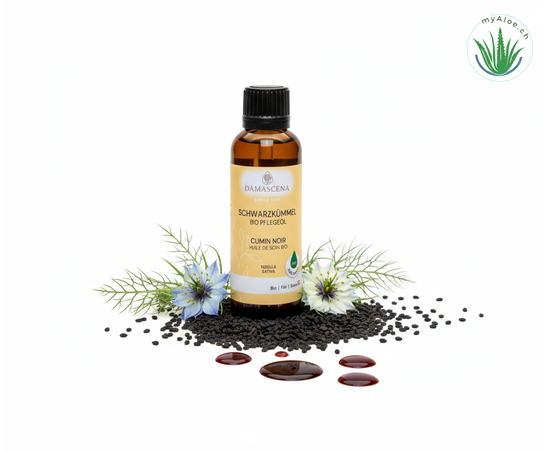 MyAloe.ch Schwarzkümmelöl BIO : Ideal für die Körperpflege bei gereizter und beanspruchter Haut, ist reich an wertvollen Vitaminen & ungesättigten Fettsäuren, spendet Feuchtigkeit & beruhigt Irritationen.
