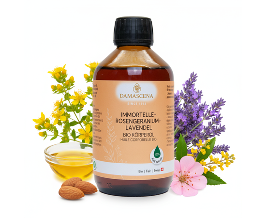 MyAloe.ch Immortelle-Rosengeranium-Lavendel Körperöl BIO: Spüre die heilende Kraft der Natur – mit jedem Tropfen. Wird seit Jahrhunderten genutzt bei Hautverletzungen, Hämatomen, Prellungen und zur Narbenpflege.