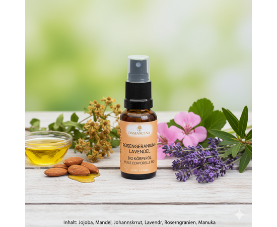 MyAloe.ch Rosengeranium-Lavendel Körperöl BIO: Der sanfte Duft von Rosengeranie und Lavendel wirkt stabilisierend, ausgleichend und beruhigend.  Er hilft, Stress loszulassen, fördert Gelassenheit und unterstützt in Phasen innerer Unruhe.
Lavendel entspannt Muskeln und lindert Krämpfe, Rosengeranie unterstützt die Hautregeneration und harmonisiert den Hormonhaushalt, während Manuka stärkend und hautschützend wirkt.