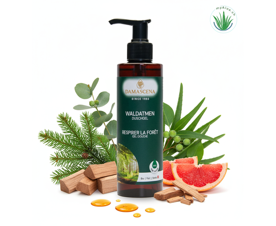 ✅ MyAloe.ch Waldatmen Duschgel: 
Diese Kombination ist wie ein Spaziergang durch einen klaren, duftenden Bergwald – ideal für den Morgen-Boost oder nach einem langen Tag. Mit dem Waldatmen Duschgel schenkst Du Dir nicht nur Reinigung, sondern einen täglichen Naturmoment. Die Frische der Nadelbäume, die Leichtigkeit der Grapefruit und die beruhigende Kraft des Zedernholzes schenken Dir Vitalität, Ausgeglichenheit und einen klaren Kopf – jeden Tag aufs Neue. 

❤️ ​Das sanfte, hautfreundliche Duschgel reinigt mit rein pflanzlichen Tensiden besonders schonend und ist für alle Hauttypen geeignet. Die Komposition aus 100 % naturreinen ätherischen Ölen – darunter Weisstanne, Fichtennadel, Eukalyptus, Zedernholz Himalaya und Grapefruit – schenkt Dir eine belebende Erfrischung und unterstützt gleichzeitig die Hautpflege.