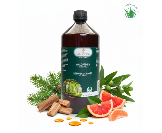 ✅ MyAloe.ch Waldatmen Duschgel: 
Diese Kombination ist wie ein Spaziergang durch einen klaren, duftenden Bergwald – ideal für den Morgen-Boost oder nach einem langen Tag. Mit dem Waldatmen Duschgel schenkst Du Dir nicht nur Reinigung, sondern einen täglichen Naturmoment. Die Frische der Nadelbäume, die Leichtigkeit der Grapefruit und die beruhigende Kraft des Zedernholzes schenken Dir Vitalität, Ausgeglichenheit und einen klaren Kopf – jeden Tag aufs Neue. 

❤️ ​Das sanfte, hautfreundliche Duschgel reinigt mit rein pflanzlichen Tensiden besonders schonend und ist für alle Hauttypen geeignet. Die Komposition aus 100 % naturreinen ätherischen Ölen – darunter Weisstanne, Fichtennadel, Eukalyptus, Zedernholz Himalaya und Grapefruit – schenkt Dir eine belebende Erfrischung und unterstützt gleichzeitig die Hautpflege.