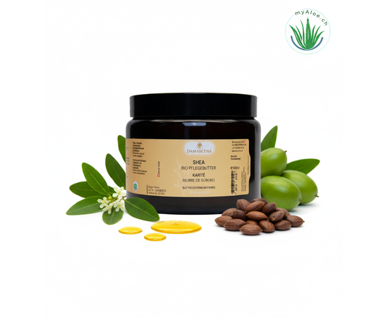 MyAloe.ch Sheabutter BIO: Schnelleinziehender und pflegender Butter für ein angenehmes Hautgefühl. Besonders trockene, spröde oder beanspruchte Hautstellen wie Lippen, Ellenbogen, Knie oder Fersen profitieren von der tiefenwirksamen Pflege. Sheabutter zieht schnell ein und hinterlässt ein angenehm geschmeidiges Hautgefühl – ganz ohne fettigen Film.