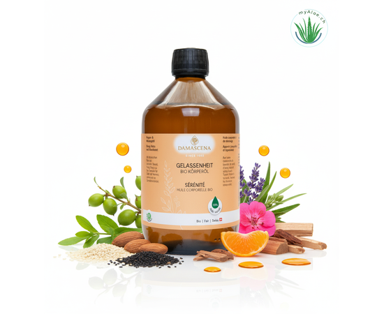 ❤️ Gelassenheit Körperöl BIO 50 ml – Ruhe, Balance & innere Stärke

⭐ Kraftvolle Synergie ätherischer & pflanzlicher BIO-Öle
Das Gelassenheit Körperöl BIO vereint die Weisheit jahrtausendealter Heilpflanzen mit moderner Aromatherapie:

Jojobaöl BIO – feuchtigkeitsspendend, schützt die Hautbarriere
Mandelöl BIO – zart pflegend, besonders für empfindliche Haut
Sesamöl BIO – reich an Antioxidantien, stärkt die Haut
Schwarzkümmelöl BIO – entzündungshemmend & stärkend für die Hautbalance
Lavendelöl BIO – beruhigend, entspannend, schlaffördernd
Mandarinenöl BIO – stimmungsaufhellend & nervenstärkend
Zedernholzöl BIO – erdend, stärkend für das Nervensystem
Sandelholzöl – sinnlich, beruhigend & hautregenerierend
Rosengeranienöl BIO – ausgleichend & harmonisierend
Citronellaöl BIO – klärend & belebend