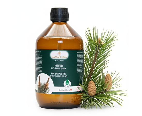 ⭐ Energetisch wirkende Inhaltsstoffe ¹⁾
Der Kiefer Raumspray enthält eine kraftvolle Synergie aus reinen ätherischen BIO-Ölen:

Kiefernadelöl BIO: belebend, kräftigend, befreiend für die Atemwege
Latschenkieferöl BIO: erfrischend, klärend, stärkend für die Lunge
Kardamomöl BIO: stimmungsaufhellend, harmonisierend, sanft zitrisch-frisch
Bergamottenöl BIO: wärmend, vitalisierend, fördert Konzentration
Lärchenöl BIO: regenerierend, stärkend, bringt Gelassenheit
Zedernöl BIO: erdend, beruhigend, schenkt innere Stabilität
❤️ Emotionale & körperliche Wirkung

Emotional:Der Duft vermittelt Ruhe, Geborgenheit und Erdung – perfekt für stressige Tage oder als Abendritual.
Körperlich:Unterstützt tiefe, freie Atmung, löst Verspannungen und fördert Erholung nach Anstrengung