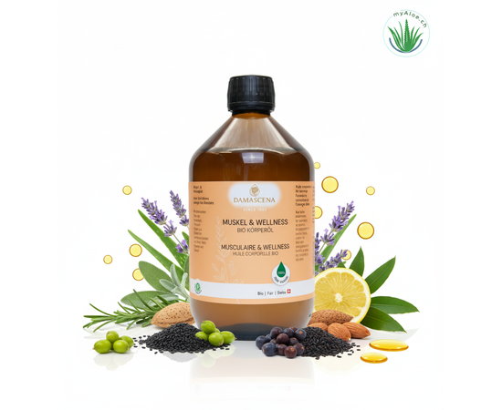 ⭐ Ein kraftvoller Synergiekomplex aus Pflanzen- und ätherischen BIO-Ölen:
✅ Jojobaöl BIO – feuchtigkeitsspendend & hautausgleichend
✅ Sesamöl BIO – wärmend & durchblutungsfördernd
✅ Mandelöl BIO – sanft pflegend & beruhigend
✅ Schwarzkümmelöl BIO – stärkend & zellregenerierend
✅ Zitronenöl BIO – klärend, vitalisierend
✅ Eukalyptusöl BIO – befreiend & erfrischend
✅ Ravintsaraöl BIO – stärkend für Immunsystem & Nerven
✅ Lavendelöl BIO – entspannend & hautberuhigend
✅ Rosmarinöl BIO – durchblutungsfördernd & aktivierend
✅ Muskatellersalbeiöl BIO – harmonisierend & muskelentkrampfend
✅ Wacholderbeerenöl BIO – reinigend & ausleitend