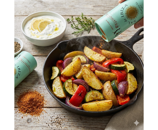 ❤️ Cajun-Gemüsepfanne mit Ofenkartoffeln & Joghurt-Dip
Zutaten (2 Personen):

400 g festkochende Kartoffeln
1 rote Paprika
1 Zucchini
1 rote Zwiebel
2 EL Olivenöl
SAL de IBIZA Granito Spicy Cajun
Schwarzer Pfeffer
Dip:

150 g Naturjoghurt oder pflanzliche Alternative
Zitronensaft
Salz nach Geschmack
Zubereitung:
Kartoffeln in Spalten schneiden, mit Olivenöl und Granito Spicy Cajun mischen, bei 200 °C ca. 30 Minuten backen.
Gemüse grob schneiden, kurz in der Pfanne anbraten, würzen und mit den Kartoffeln servieren.
Mit Joghurt-Dip abrunden.