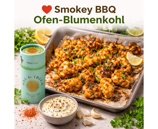 ❤️ Smokey BBQ Ofen-Blumenkohl
Rauchig-würziger Blumenkohl mit Granito Smokey BBQ – einfach & aromatisch

Zutaten (2 Portionen)

1 kleiner Blumenkohl
3 EL Olivenöl extra vergine
1–1½ TL SAL de IBIZA Granito Smokey BBQ
1 TL Ahornsirup oder Honig
Schwarzer Pfeffer
Optional: Joghurt- oder Tahini-Dip
Zubereitung
Blumenkohl in Röschen teilen, mit Olivenöl, Ahornsirup und Granito Smokey BBQ vermengen. Auf ein Backblech geben und bei 200 °C ca. 30–35 Minuten rösten, bis goldbraun. Mit Pfeffer abschmecken und servieren.
