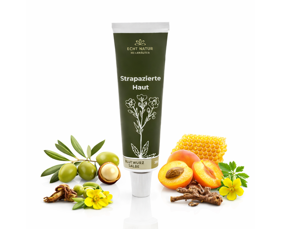 Blutwurz-Salbe für strapazierte Haut
Myaloe.ch

Natürliche Pflege bei rauer, beanspruchter und sensibler Haut
Die Blutwurz-Salbe von ECHT NATUR ist eine reichhaltige, naturbelassene Hautpflege für Menschen mit strapazierter, zu Irritationen neigender Haut. Auf Basis von Olivenöl, Aprikosenkernöl und Macadamiaöl wird sie mit einer Blutwurz-Tinktur (Potentilla erecta) veredelt – einer Pflanze, die in der europäischen Pflanzenkunde traditionell geschätzt wird.

Die Salbe wird achtsam von Hand in der Schweiz hergestellt, mit Wildkräutern aus Flüeli-Ranft. Sie eignet sich zur pflegenden Begleitung bei rauen, rissigen Hautstellen sowie bei beanspruchter Haut im Alltag – etwa an Händen, Füssen oder lokal belasteten Hautpartien.



✨ 4 Schlüsselvorteile der Blutwurz-Salbe
✅ Natürliche Pflege für empfindliche Haut
Die ausgewogene Rezeptur unterstützt die Haut dabei, sich geschmeidig anzufühlen und ihr natürliches Gleichgewicht zu bewahren.

✅ Reichhaltige Textur – ohne zu fetten
Zieht langsam ein, schützt die Haut und hinterlässt ein gepflegtes Hautgefühl – ideal für trockene und beanspruchte Hautzonen.

✅ Handgemacht in der Schweiz
Mit Wildkräutern aus kontrollierter Wildsammlung, sorgfältig verarbeitet in liebevoller Handarbeit.

✅ Für jede Altersgruppe geeignet
Ein Naturprodukt für Frauen, Männer und Kinder – frei von synthetischen Farb- und Duftstoffen.