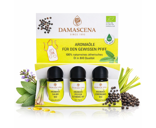 Un assortiment d'arômes pour une touche originale
myaloe.ch
Sauge · Poivre noir · Citronnelle – Huiles aromatiques 100 % naturelles et biologiques
Précision culinaire et caractère - Arômes intenses. Dosage goutte à goutte. Naturellement biologique.
Le set d'arômes « pour une touche originale » combine trois huiles aromatiques 100 % naturelles et biologiques au caractère affirmé, spécialement développées pour un usage culinaire La sauge, le poivre noir et la citronnelle permettent d'aromatiser les plats et les boissons de manière ciblée, propre et reproductible, sans avoir à les couper, les moudre ou les faire perdre leur fraîcheur.

Grâce à leur forte concentration, quelques gouttes suffisent pour donner de la profondeur, de la fraîcheur ou du piquant à vos plats. Idéal pour les cuisiniers amateurs ambitieux, les professionnels créatifs et tous ceux qui souhaitent utiliser les arômes de manière contrôlée et consciente



Qu'est-ce que le kit d'arômes « pour une touche d'originalité » ?
Un kit composé de trois huiles essentielles certifiées biologiques (sauge, poivre noir, citronnelle) pour aromatiser les plats et les boissons

À quoi sert le set d'arômes ?
Pour les plats savoureux, la cuisine raffinée, les boissons créatives, les desserts et toutes les recettes qui nécessitent un dosage précis et un goût intense

Comment utiliser les huiles aromatiques ?
Uniquement goutte à goutte et toujours avec parcimonie Idéalement, les huiles doivent être pré-diluées dans de la graisse, du sirop ou de l'alcool avant d'être incorporées au plat.