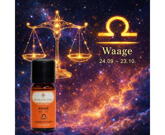 ♎️ Das Sternzeichen Waage: 24. September - 23. Oktober (charmant, anmutig, rücksichtsvoll und warmherzig)
Ätherische Ölmischung für Balance, Harmonie & bewusste Aromapflege - sanfte Ausgeglichenheit für Herz & Raum
Die Essenzmischung Sternzeichen Waage wurde speziell für Menschen entwickelt, die Harmonie, Schönheit und innere Balance schätzen. Diese fein abgestimmte Aromamischung aus 100 % naturreinen ätherischen Ölen verbindet blumige, fruchtige und warme Duftnoten zu einem eleganten, ausgleichenden Dufterlebnis.

Die Komposition aus Rosengeranium, Grapefruit, Sandelholz, Ylang Ylang u. a. eignet sich ideal für die Aromapflege und Raumbeduftung und begleitet bewusste Rituale der Entspannung, Selbstwahrnehmung und inneren Ausgeglichenheit.

Die Mischung wird in der Schweiz von Hand abgefüllt und entspricht höchsten Qualitätsanforderungen an Reinheit, Herkunft und Nachhaltigkeit.

♎️ Das Sternzeichen Waage
24. September – 23. Oktober
Element: Luft | Planet: Venus

Waage-Geborene gelten traditionell als charmant, anmutig, rücksichtsvoll und warmherzig. Sie suchen Ausgleich, Schönheit und Harmonie – im Aussen wie im Inneren. Die Waage-Essenz greift diese Symbolik olfaktorisch auf und schafft eine Atmosphäre von Leichtigkeit und Balance.

Wenn Balance wieder spürbar wird:

Die Waage-Essenzmischung lädt dazu ein, innezuhalten, sich mit dem eigenen Rhythmus zu verbinden und Räume mit Harmonie und Leichtigkeit zu erfüllen – ein Duft, der Ausgleich und Schönheit feiert.

♎️ 4 Schlüsselvorteile der Essenzmischung Waage
1️⃣ Harmonisch abgestimmte Duftkomposition
Die sorgfältig komponierte Mischung vereint blumige, frische und warme Noten zu einem ausgewogenen, eleganten Raumduft.

2️⃣ 100 % naturreine ätherische Öle
Ausschliesslich naturreine ätherische Öle – ohne synthetische Zusätze, Streckmittel oder Duftstoffe.

3️⃣ Ideal für Aromapflege & Raumbeduftung
Geeignet für Duftlampen, Diffuser und persönliche Aromarituale – zur bewussten Gestaltung von Atmosphäre und Wohlbefinden.

4️⃣ Handabfüllung & Qualität aus der Schweiz
Kleine Chargen, sorgfältige Verarbeitung und kontrollierte Qualität – für ein hochwertiges Aromapflegeprodukt.