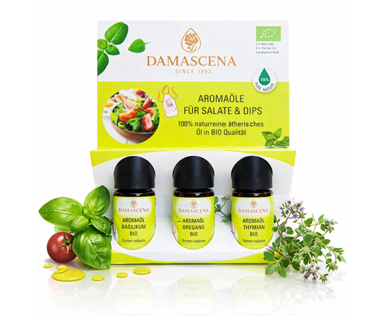 ✨ Utilisation en cuisine – avec conseils de professionnels
➡️ Huile aromatique au basilic BIO

Idéale pour :

Salades de tomates et mozzarella
Pesto, beurre aux herbes, pain
Gratins de légumes et vinaigrettes méditerranéennes
Conseil : 1 goutte dans 2 à 3 cuillères à soupe d'huile d'olive donne une base de basilic intense pour les vinaigrettes.


➡️ Huile aromatique à l'origan BIO

Idéal pour :

Pizzas et sauces tomates
Antipasti, gyros, salade grecque
Sauces à base de feta, yaourt ou fromage blanc
Conseil : n'ajoutez l'huile qu'à la fin afin de préserver l'arôme épicé et acidulé.


➡️ Huile aromatique au thym BIO

Idéale pour :

Sauces à base d'herbes, légumes au four, légumineuses
Marinades et, étonnamment, recettes sucrées
Conseil : 1 goutte pour 1 cuillère à soupe de miel ou de sirop pour des contrastes intéressants.

⚖️ Dosage – important à savoir
Règle de base : 1 goutte pour 1 à 2 portions
Pour les sauces et vinaigrettes : 1 goutte pour 2 à 3 cuillères à soupe de matière grasse ou de liquide
Toujours mélanger d'abord, puis goûter
Ne pas chauffer, ne pas consommer pur