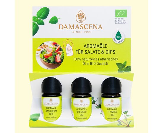 ❤️ Avis client
« Incroyablement intense ! Une goutte suffit – mes sauces à salade ont le même goût que dans un restaurant méditerranéen. »
Z. Keller, St. Moritz
myaloe.ch
Contenu du coffret :
▶ Détails du produit Huile aromatique bio au basilic
✅ Huile aromatique bio au basilic, huile essentielle 100 % naturelle
✅ Nom latin : Ocimum basilicum
✅ Profil gustatif : herbes, frais et puissant, note légèrement amère, une pointe de piquant
✅ Effet olfactif : rafraîchissant
✅ Note olfactive : note de fond
✅ Thème olfactif : stimulant, anti-stress

☑️ Qualité : issu de l'agriculture biologique contrôlée (AB), sans expérimentation animale, végétalien, sans gluten, aliment cru
☑️ Fabrication : mise en bouteille à la main en Suisse
☑️ Origine : Bulgarie/Égypte (peut varier selon la saison et la récolte)
☑️ Partie de la plante : herbe
☑️ Extraction : distillation à la vapeur d'eau, 750 kg d'herbes sont nécessaires pour obtenir 1 kg d'huile

ℹ️ Contenu : 5 ml

▶ Détails du produit Huile aromatique d'origan bio
✅ Huile aromatique d'origan bio, huile essentielle 100 % naturelle
✅ Nom latin : Origanum vulgare
✅ Profil gustatif : origan, intense, épicé, herbacé-amer, aromatique
✅ Effet olfactif : stimulant
✅ Note parfumée : note de tête/de cœur
✅ Thème parfumé : stimulant, équilibrant, stimule les forces spirituelles

☑️ Qualité : issu de l'agriculture biologique contrôlée (k.b.A.), sans expérimentation animale, végétalien, sans gluten, cru
☑️ Fabrication : Remplissage manuel en Suisse
☑️ Origine: Espagne
☑️ Partie de la plante: herbe
☑️ Extraction: distillation à la vapeur d'eau

ℹ️ Contenu : 5 ml

▶ Détails du produit Huile aromatique de thym bio
✅ Huile aromatique de thym bio, huile essentielle 100 % naturelle
✅ Nom latin : Thymus vulgaris
✅ Profil gustatif : thym, intense, herbacé-amer, légèrement poivré
✅ Effet olfactif : stimulant
✅ Note olfactive : note de fond/de cœur
✅ Thème olfactif : stimulant, revigorant, stimule le corps et l'esprit, purifiant, activateur

☑️ Qualité : issu de l'agriculture biologique contrôlée (AB), sans expérimentation animale, cru, végétalien
☑️ Fabrication : mise en bouteille à la main en Suisse
☑️ Origine: France
☑️ Partie de la plante : herbe
☑️ Extraction : distillation à la vapeur d'eau, 120 kg d'herbe sont nécessaires pour obtenir 1 kg d'huile

ℹ️ Contenu : 5 ml